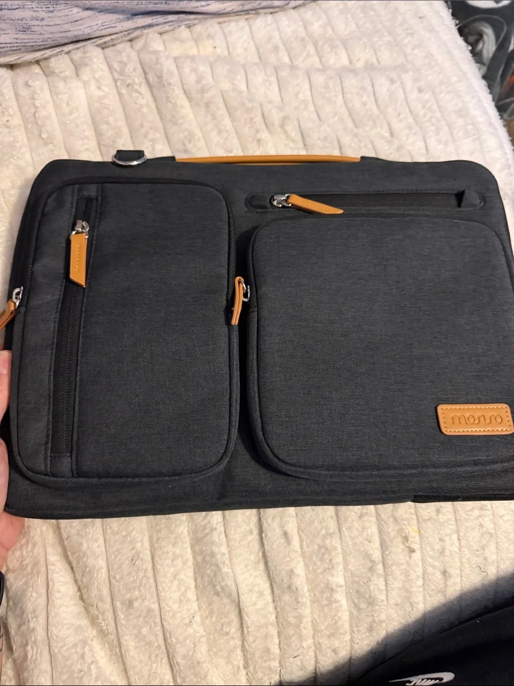 Men's Black Laptop Messenger Bag with Tan Trim